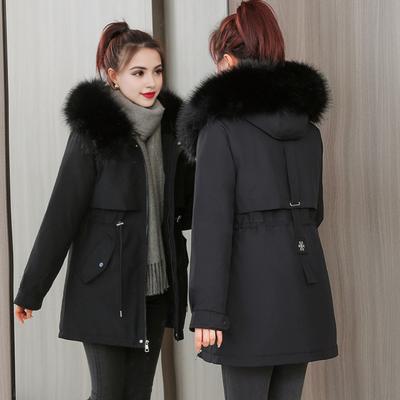 Abrigo de invierno con plumón, acolchado grueso, capucha de felpa, largo medio, bolsillos a prueba de viento, mangas largas, cordón ajustable, ropa de abrigo diaria, chaqueta de algodón