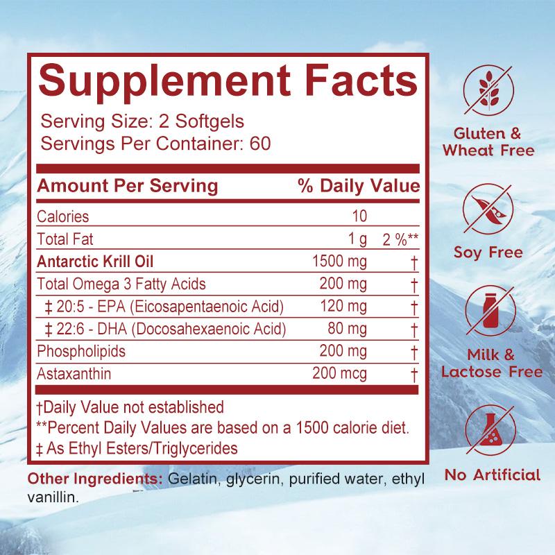 High-content Antarctic Krill Oil Extract Soft Capsules, Gluten-free, Suitable for Both Men and Women, 120 Capsules.