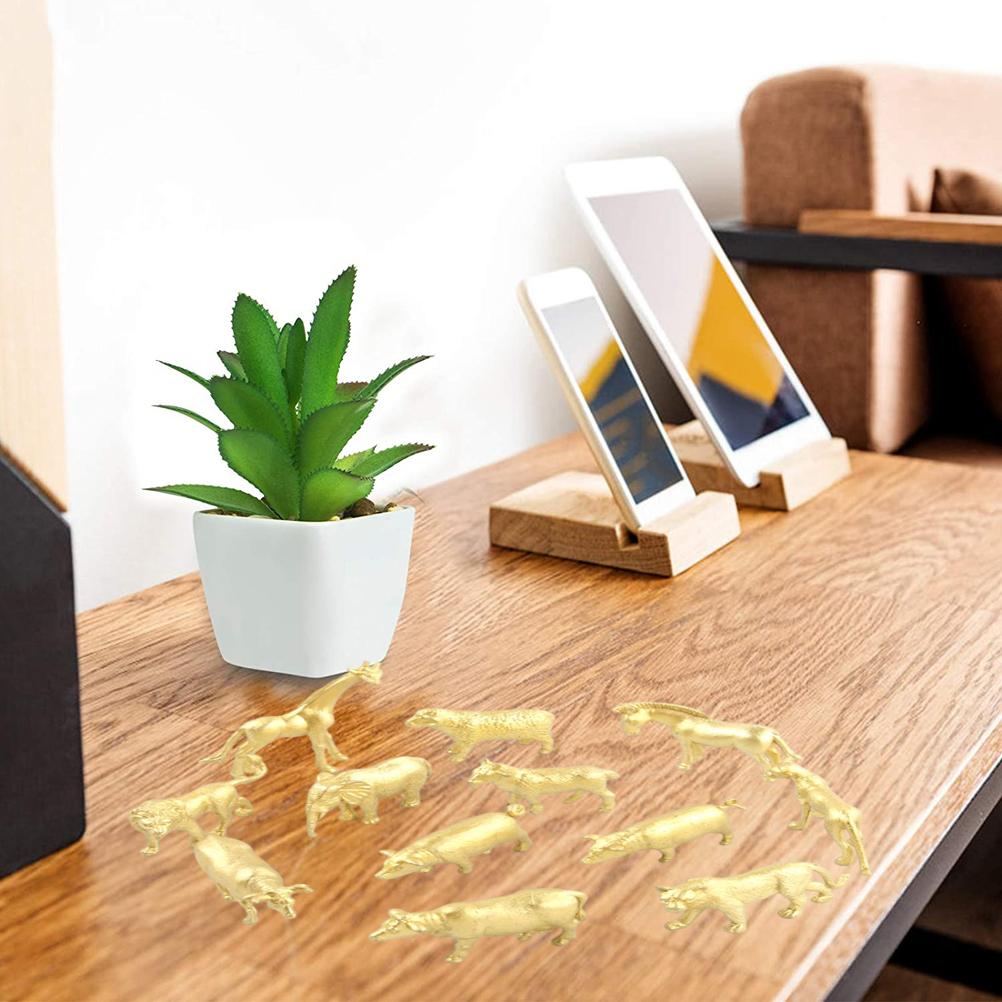 12 Set of Gold Plastic Animal Figurines Jungle Wild Animals Models Mini Animals Desktop Ornament