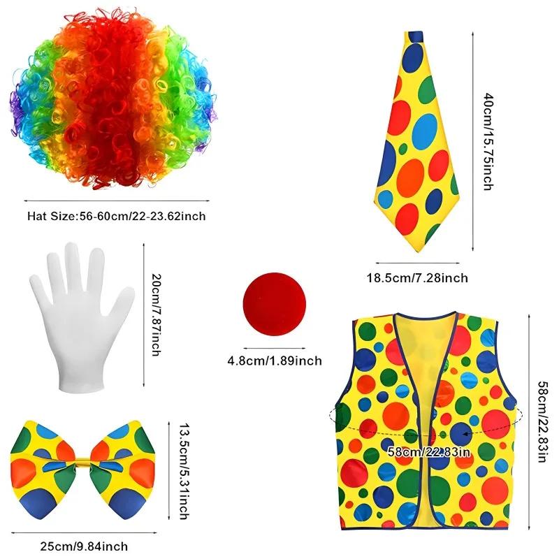 5 pièces/set Costume de Clown d'Halloween pour Adultes Combinaison en Tissu avec Ensemble Perruque Cosplay Fête Carnaval Spectacle de Scène Tenue de Jeu de Rôle