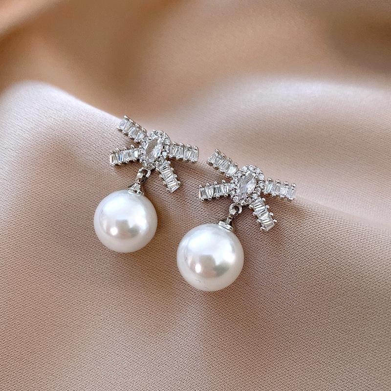 Silver Needle Zircon Pearl Tassel Earrings - Elegant Retro Design for Women