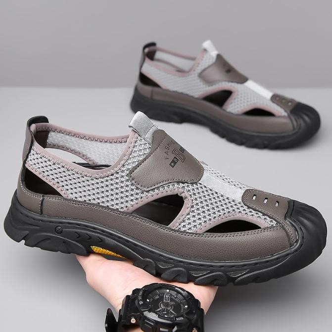 

Модные новые летние сандалии, дышащая мужская обувь, кожаные и сетчатые мужские сандалии для отдыха, нескользящие пляжные сандалии, полые балетки, обувь 39 серый