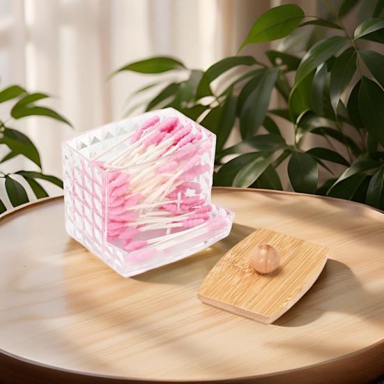 Storage Box with Bamboo Lid Dustproof Moisture Resistant Clear Acrylic Container Cotton Swabs Dental Floss Jewelry Organizer