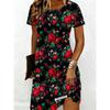 Robe Imprimé Floral Motif Roses Rouges Noires et Feuilles Vertes Tenue Décontractée d'Été pour Femmes