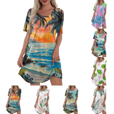 Women's Casual Fashion V-Neck Short Sleeve Hawaiian Print Pocket Dress