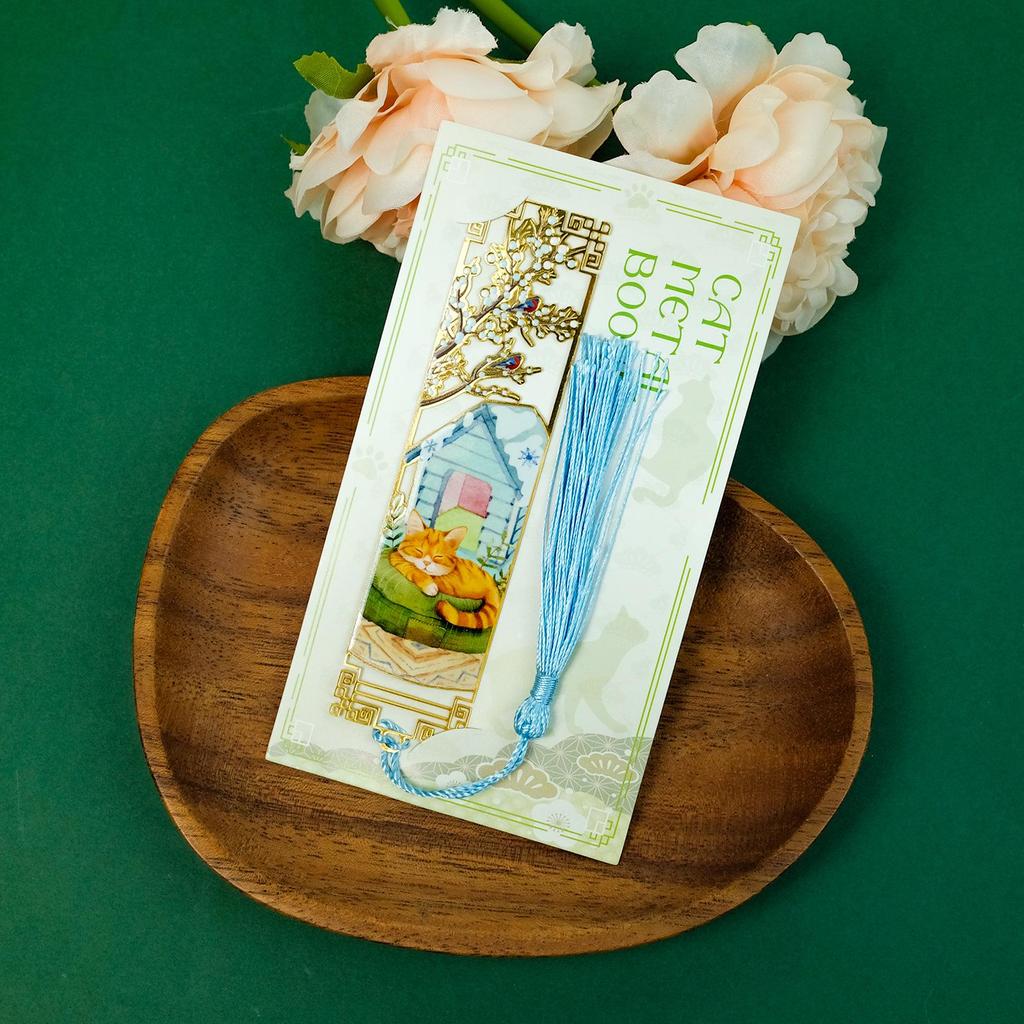 Cute Cat Four Seasons Chinese Metal Bookmark - Cultural Gift, Creative Hollow-out Design, Reading & Journal Decoration.