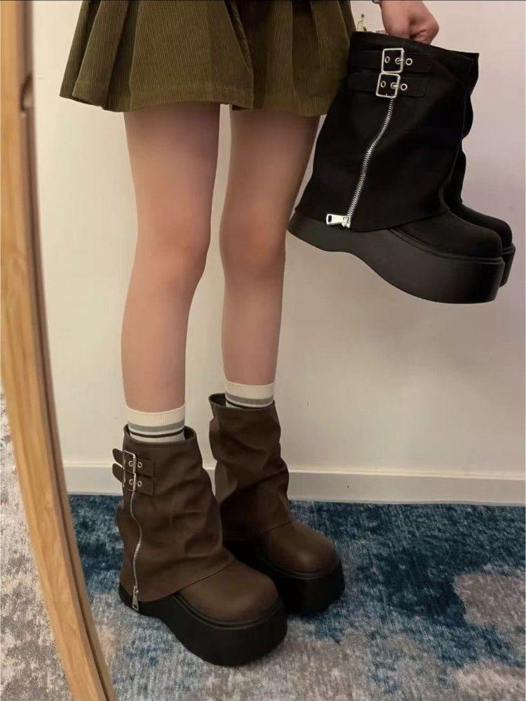 New sweet and cool babes look thin and small, increase height, locomotive trousers boots, retro knight boots, thick-soled short boots for women