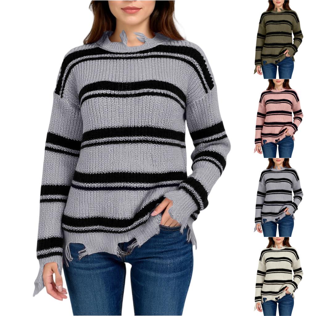 Women's Fashion Loose Winter Contrast Colorblock Striped Tassel Knitted Sweater