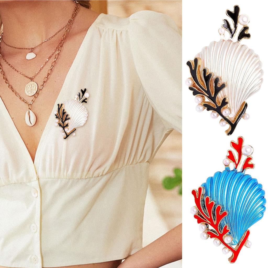 Shell Coral Brooch With Pearls Accent And Vivid Drip Glaze Craftsmanship Lapel Pin For Daily Wear Or Special Occasions