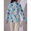 Women's Casual Blouse with Multi-colored Daisies and Other Flower Prints On Blue Background