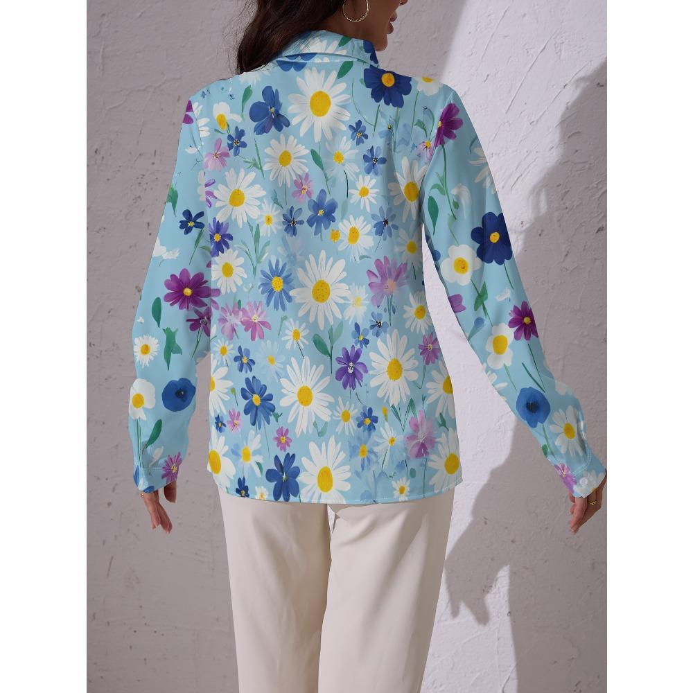 Women's Casual Blouse with Multi-colored Daisies and Other Flower Prints On Blue Background