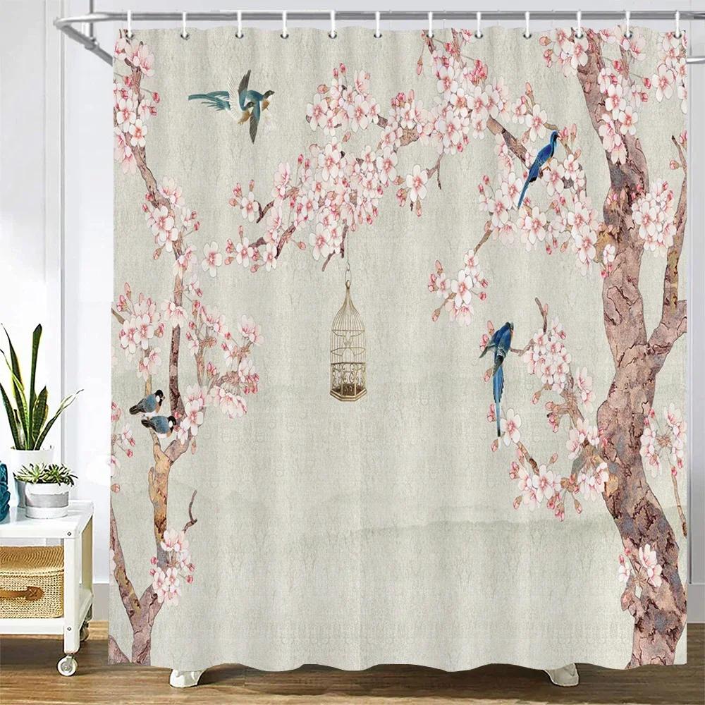 Duschvorhänge im chinesischen Stil mit Blumen und Vögeln, wasserdicht, Badezimmervorhang aus 3D-bedrucktem Stoff mit Haken, Dekoration, Duschvorhang
