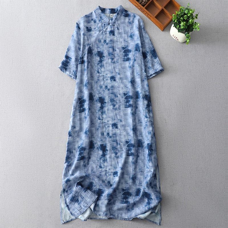 

2025 лето новый улучшенный ципао средней длины ретро с принтом платье на пуговицах женское XXL