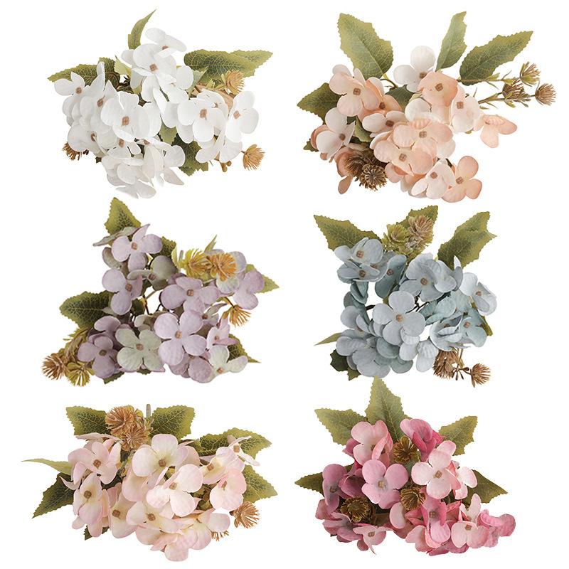 12pcs Artificial 5-Fork Hydrangea Branch Silk Fake Flowers Restaurant Decoration Champagne Monica Hydrangeas Simulation Flowes