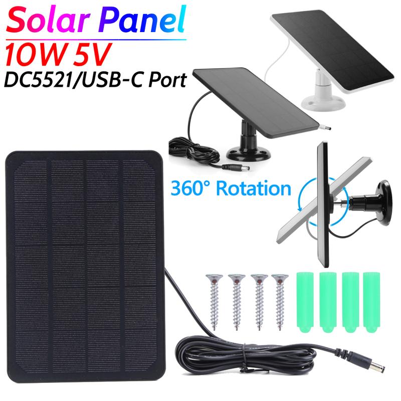 10W 5V Solar Panel Kit 360 Adjustable Bracket Monocrystalline Portable Solar Panel Type-C DC5521 for Intelligent Doorbell Camera