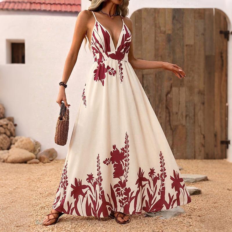 Women's Summer Boho Wedding Guest Dress Flowy Maxi Backless Sundress Beach Dress Hawaiian Vacation Outfits