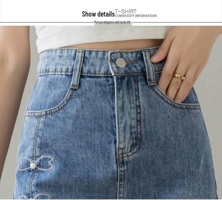 Women's High-Waisted Beaded Denim Mini Skirt - A-Line, Mid-Length with Slit, Slimming Bodycon Style, Perfect for Summer 2025