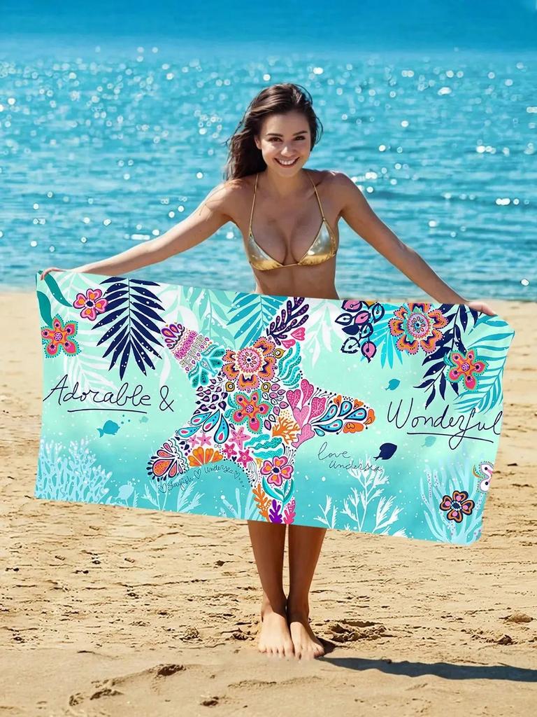 1Pc Starfish Marine Plant Microfiber Beach Towel, Soft Quick-Dry Absorbent, Travel Beach Gym Yoga Summer Vacation Essential