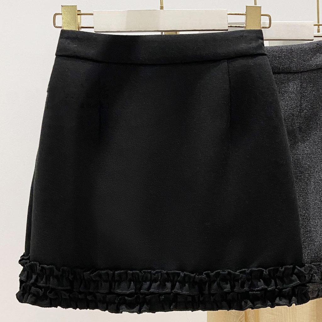 Women's College Style Wool Blend A-Line Skirt with Ear Trim, Thickened for Slimming Fit, Spring/Autumn, Plus Size