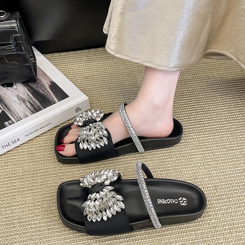 New Flat-bottomed Bow Rhinestone Slippers Women's Cross with Satin Open-toed Fashion Outer Slippers Women