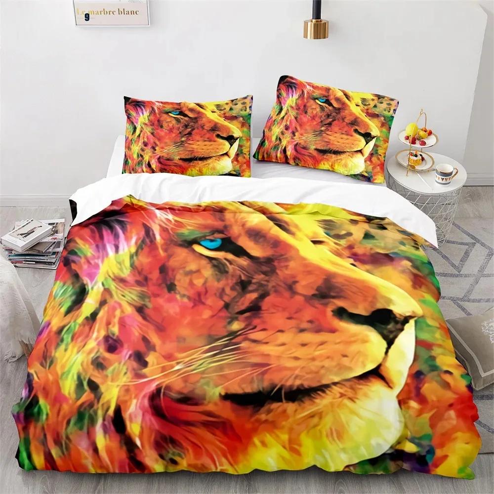 Lion Duvet Cover Set 3D Print Wild Animals Colourful King Queen Size for Kids Teens Adults Bedding Set Polyester Comforter Cover