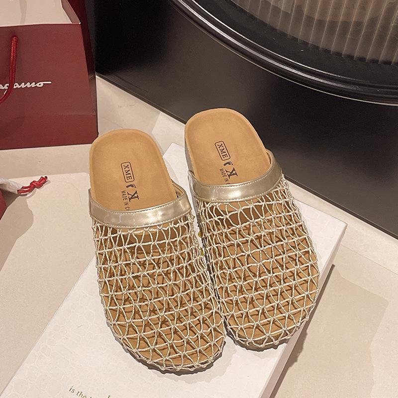 Mesh woven bag head half slippers women's summer wear 2025 new French skirt cool slippers Roman sandals women