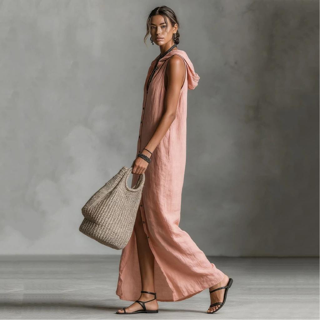 Button Up Dress, Sleeveless Hooded Long Skirt, Women's Clothing