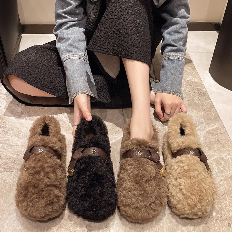 Mao Mao Shoes Women's Outer Wear 2025 New Autumn and Winter Imitation Lamb Wool Thickened Flat-bottomed Lazy One-pedal Women's Shoes Cotton Shoes