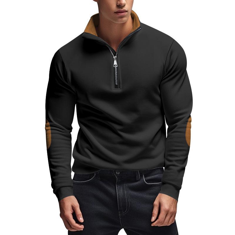 Men's Fleece-Lined Zip-Up Stand Collar Patchwork Contrast Colour Henley Long-Sleeved Casual Sweatshirt for Autumn/Winter