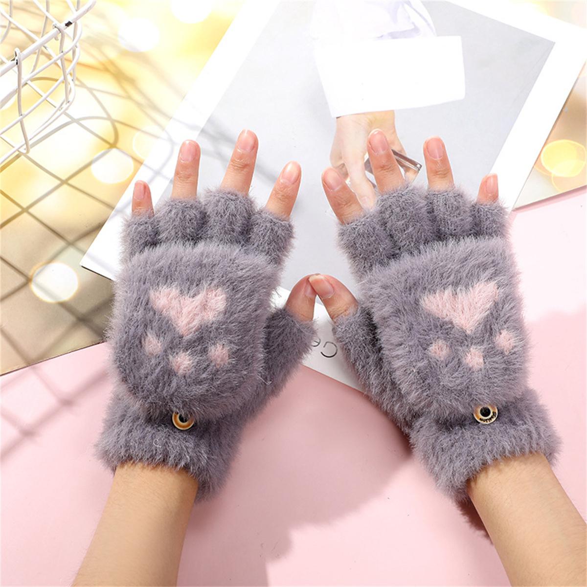 

Bear paw faux mink plush cat paw half-finger flip gloves for students, animal plush, winter writing, warm, cartoon style, adults
