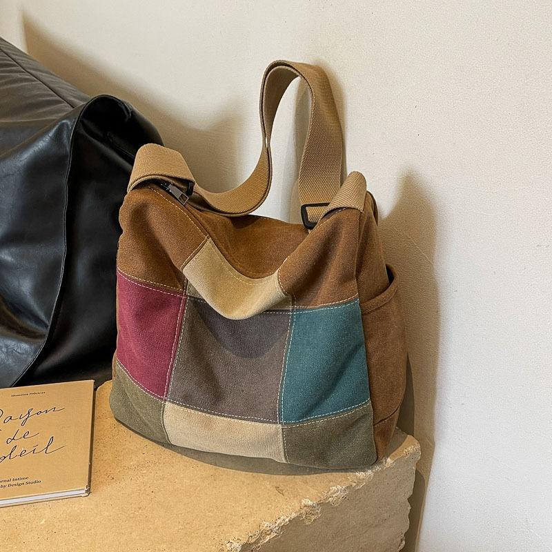 Neue Handtaschenmode Ein-Schulter-Umhängetasche Damen Großes Fassungsvermögen Canvas Farbblock Damenhandtasche