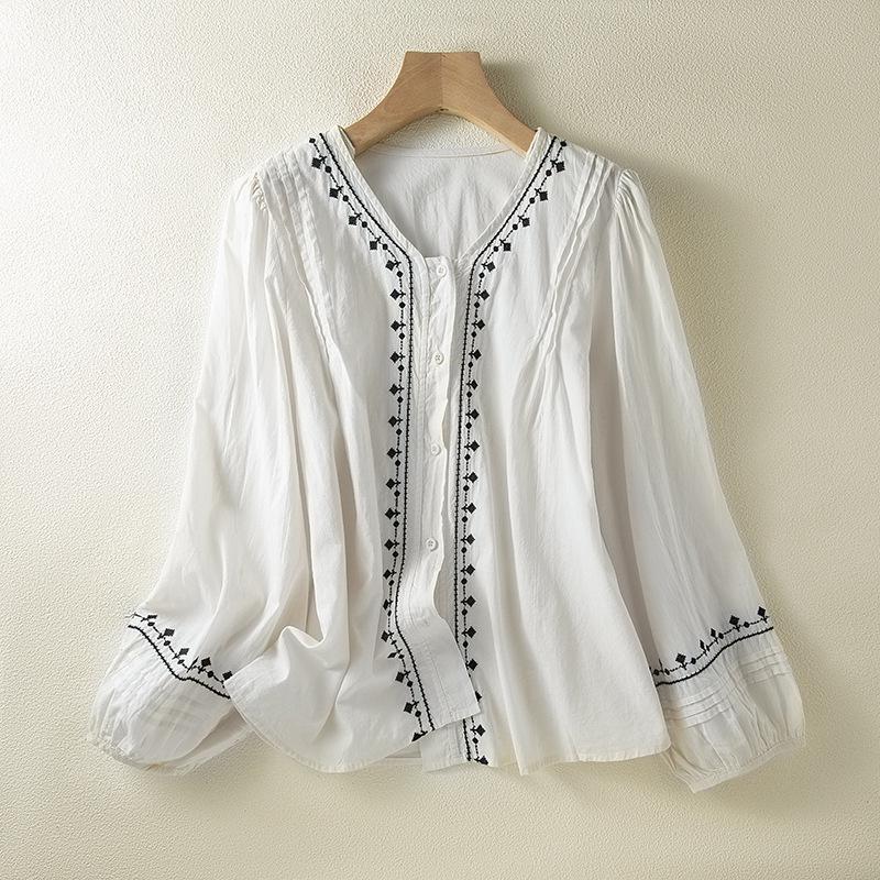 

Ethnic Style Embroidered Lantern Sleeve Shirt - 2026 L белый