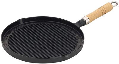 Ikenaga Iron Works Patelnia grillowa z drewnianym uchwytem 26 cm, Kompatybilna z indukcją i gazem,