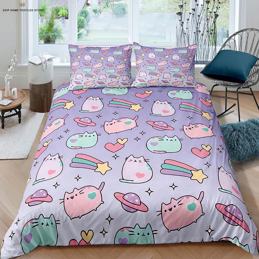 Comforter Cartoon Cute Cat 3D Printed Machine Washable Bedding Set Kids Gift 3 Pieces