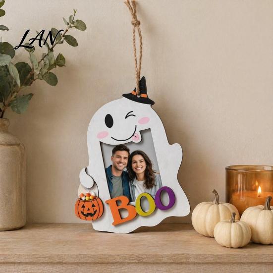 Halloween Home Wall Art Cute Ghost Wooden Photo Frame with Hanging Rope, Creative Theme Decor Picture for Holiday Party And Decoration