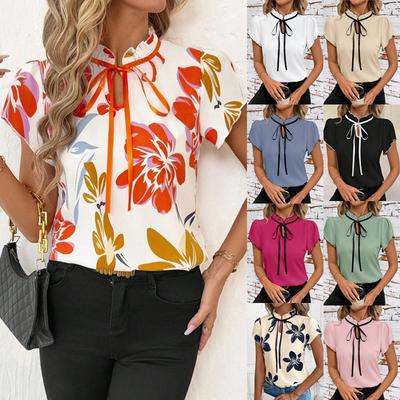 Fashion Versatile Pleated Round Neck Lace Up Printed Short Sleeve Women T Shirt