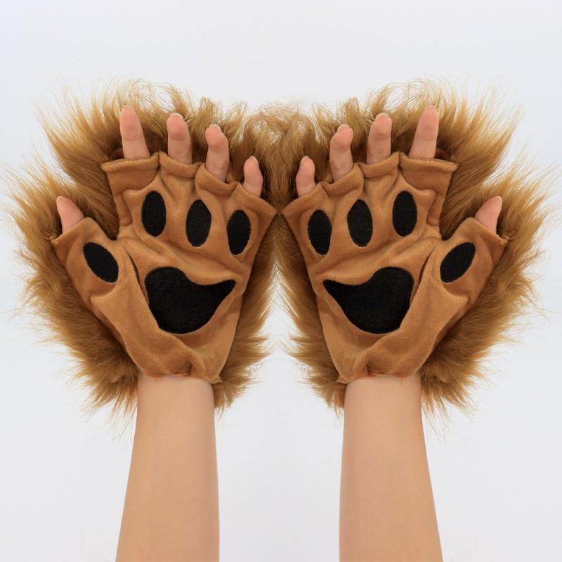 Fuzzy Cat Paw Gloves Half-Finger Cosplay Costume Accessory Halloween Winter Warm Wear