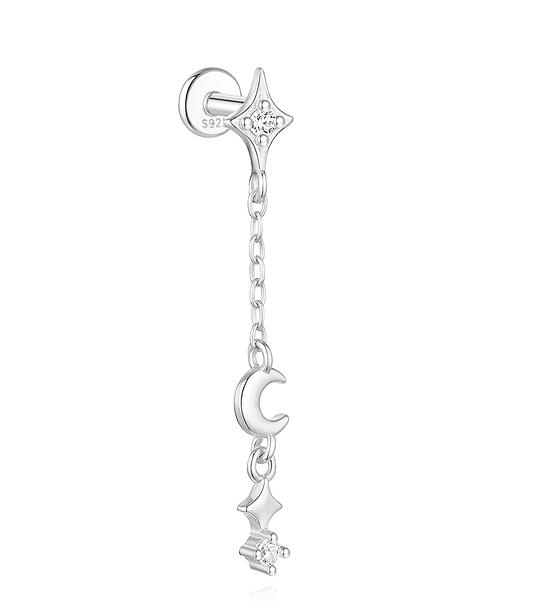 CANNER 1PC 925 Silver Eight-pointed Star CZ Piercing Earring For Women Tassel Chain Stud Earring Party Fine Jewelry
