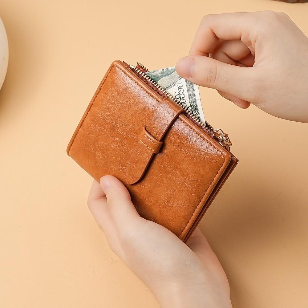 Portable PU Leather Women's Purse Solid Color Folding Design Short Wallet Pull-out Design Large Capacity Leather Purse for Women