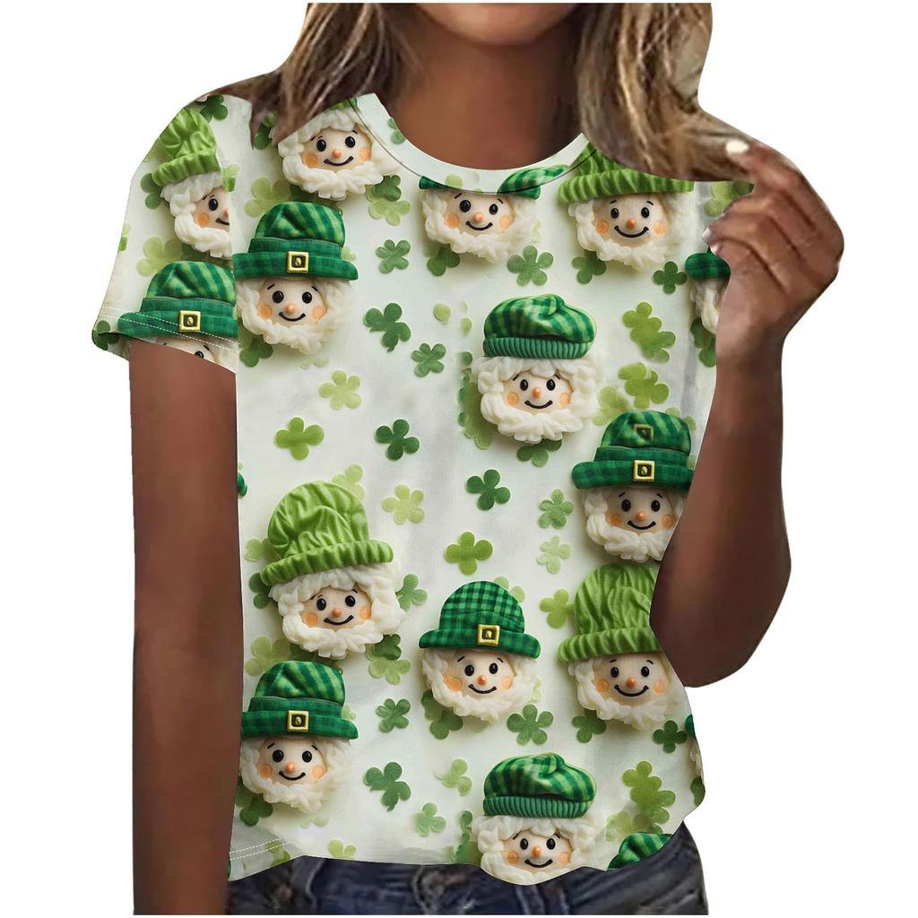 Cuello Redondo de Verano 3D St. Camisetas de Manga Corta Casuales de Moda para Mujer con Estampado Temático Verde del Día de San Patricio