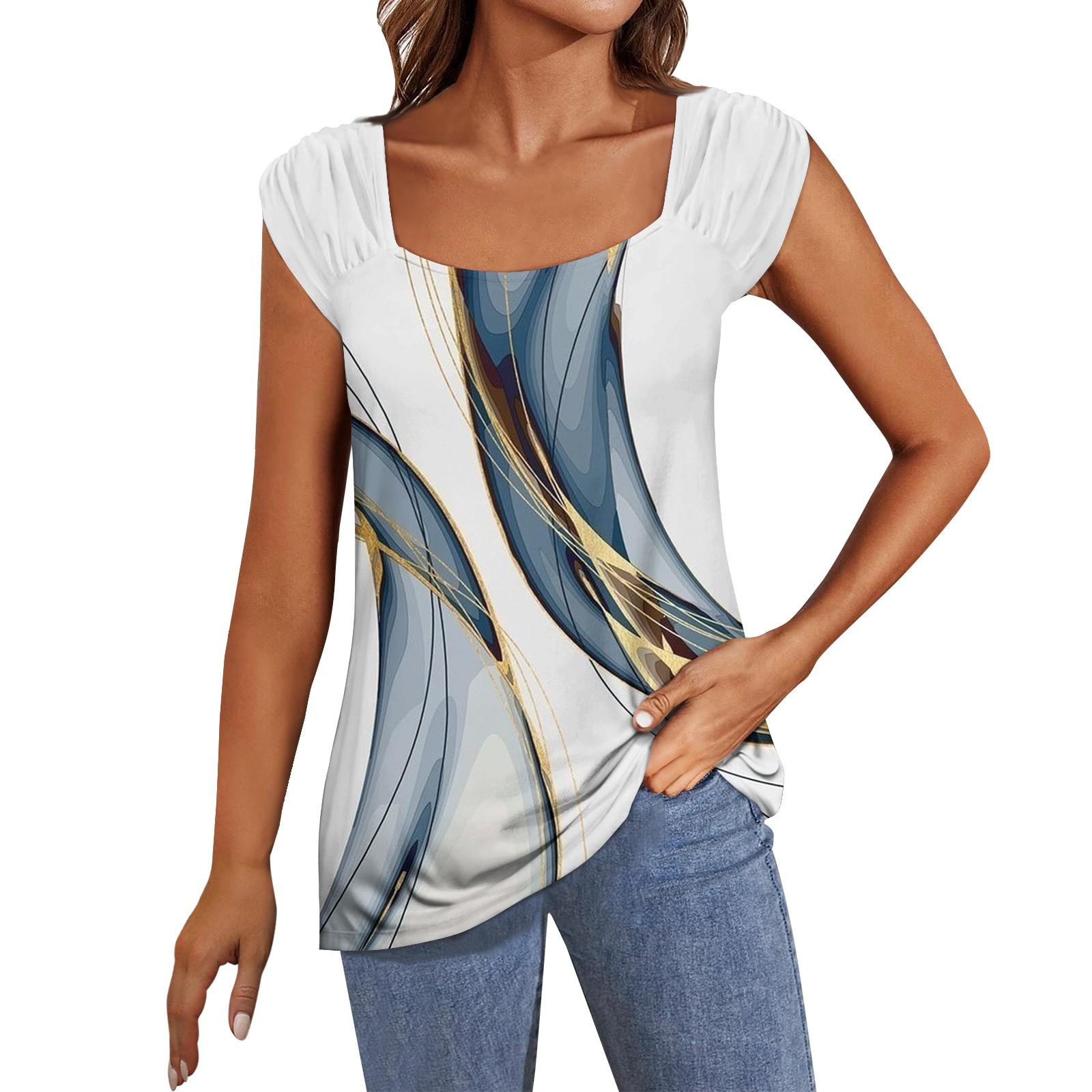 Women s Square Neck Summer Vest Loose Casual Print Cap Sleeve Shirt Top M белый