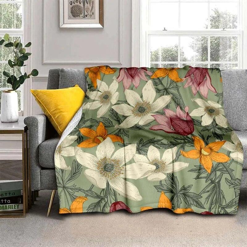 Módní přikrývka se zářivými květinami – lehký flanelový přehoz na pohovku, přikrývka s digitálním potiskem s měkkou a červotočivou flanelovou látkou