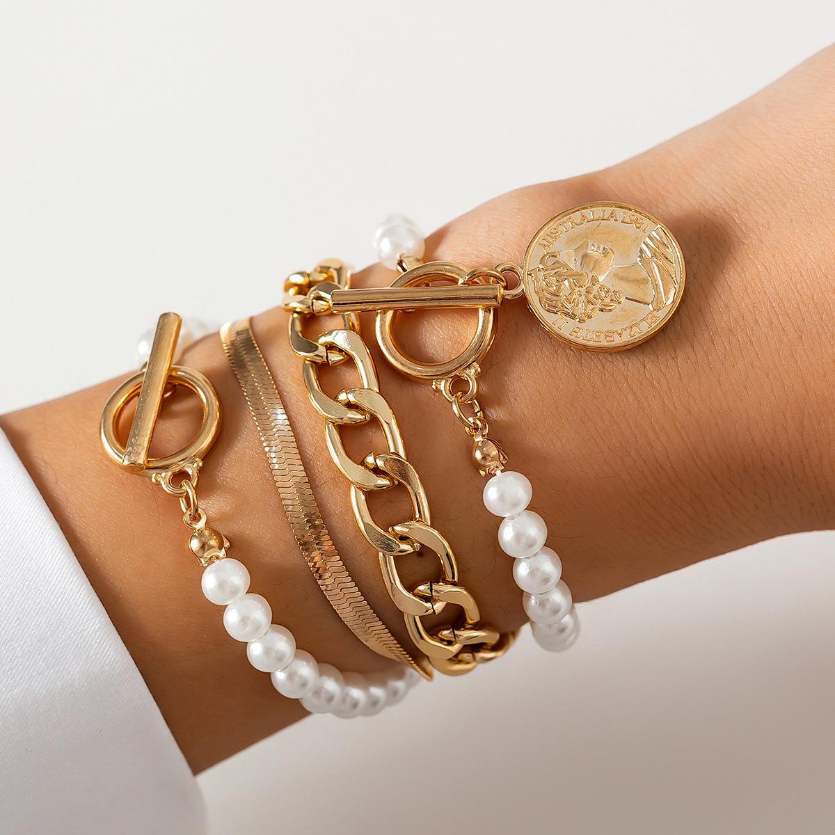 

Набор из европейской и американской цепочки-змейки с жемчужными бусинами и нестандартного металлического браслета