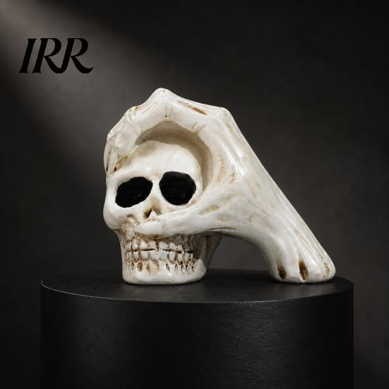 Spooky Secret Room Props Halloween Skull Hand Sculpture, Gothic Skeleton Head Figurine, Resin Vintage Yellowed Sculpture Decoration for Bedroom Living