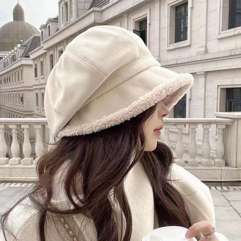 Women Winter Lamb FLeece Beret Hat Solid Color Plush Thicken Warm Octagonal Caps Lady Female Windproof Cowboy Caps Headgear