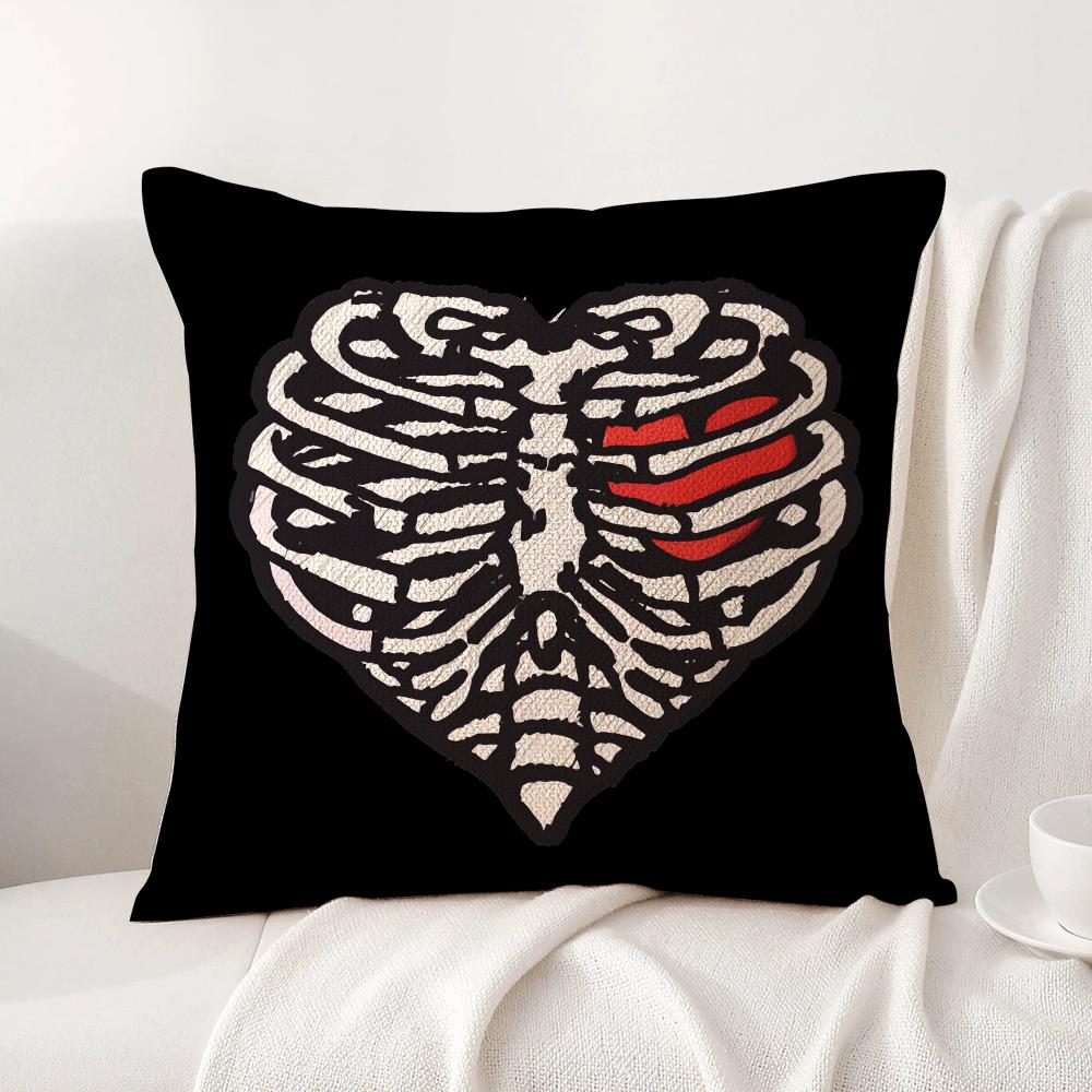 Cool Skull Heart Cushion Cover Natural Linen Organic Fabric DoubleSided Printing Sofa Home Decor Breathable Bed Pillow
