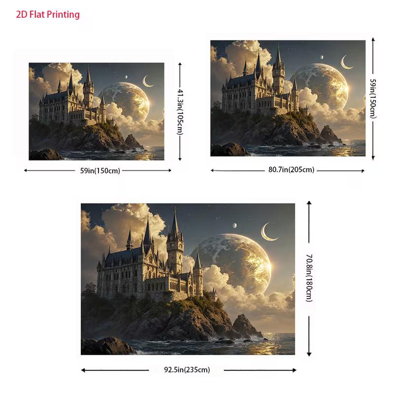 2D Fantasy Themed Backdrop, Gothic Castle on a Cliff with Giant Planet Background