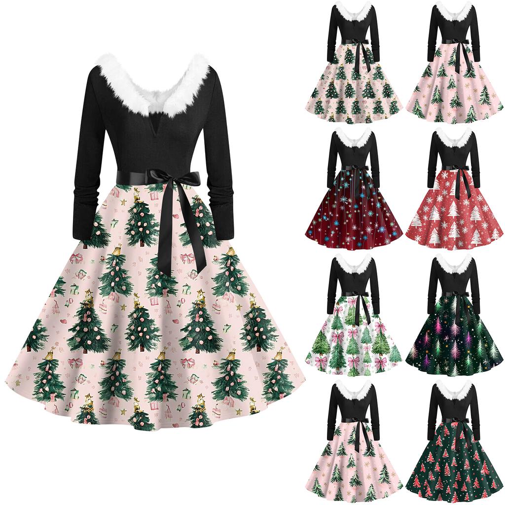 Women's Fashion V-Neck Casual Slim Christmas Printed Long Sleeve Hair Collar Dresses