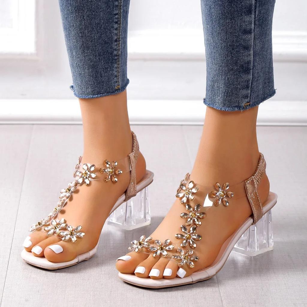 Fashion Ladies Zapatos 2025 Summer Pvc Crystal Flower Chunky Heel Peep Toe Back Strap Elastic Elegant Fashion ShoesWomen Sandals