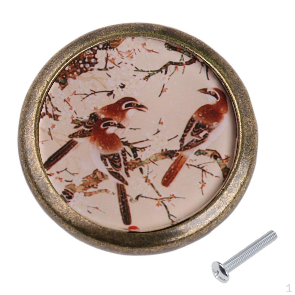 Retro Round Bird Print Knob Door Drawer Pull Bin Handle#2